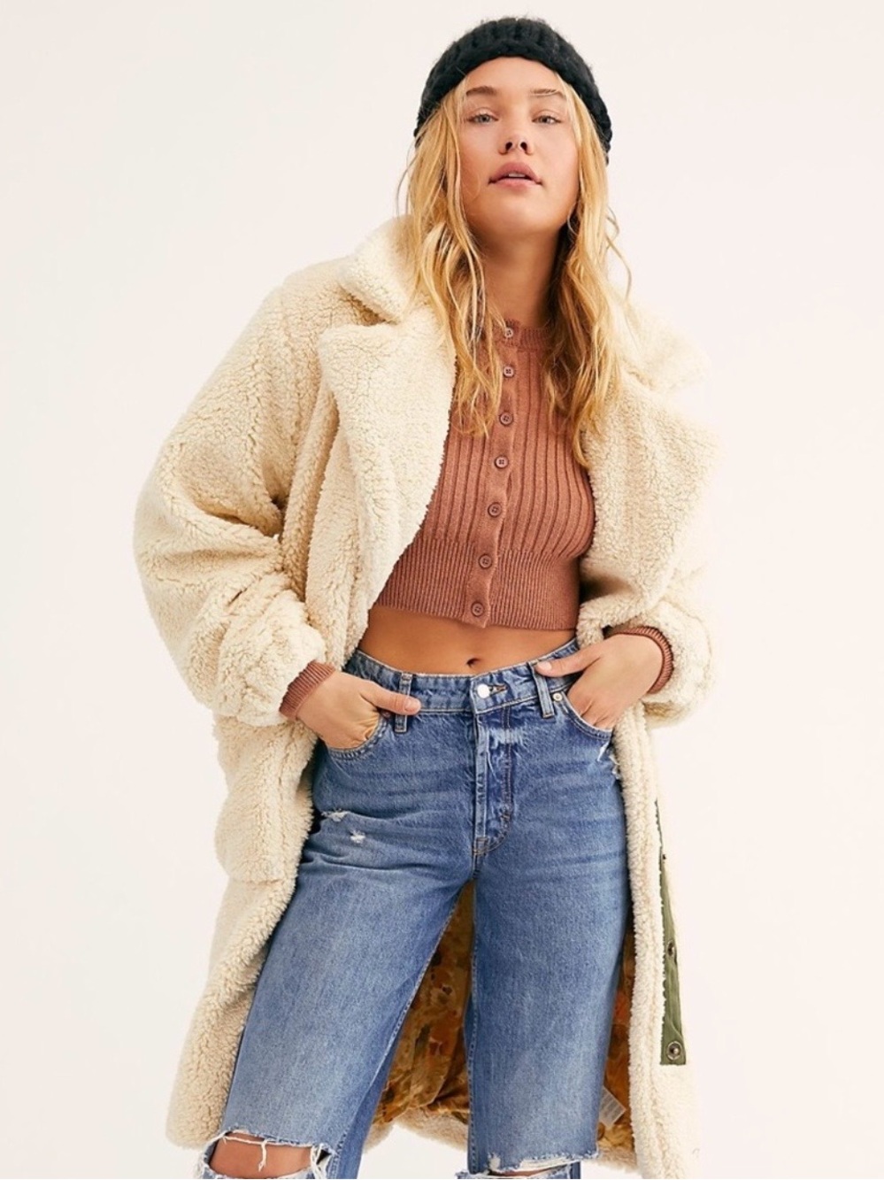 FREE PEOPLE Tessa Longline Teddy Coat Cream XS